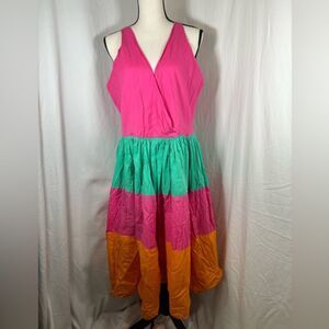 MIRA Sundress Color Block Midi Cotton Tropical Pink Orange Green Size XL